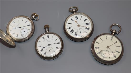 Four assorted silver/white metal pocket watches including a hunter.